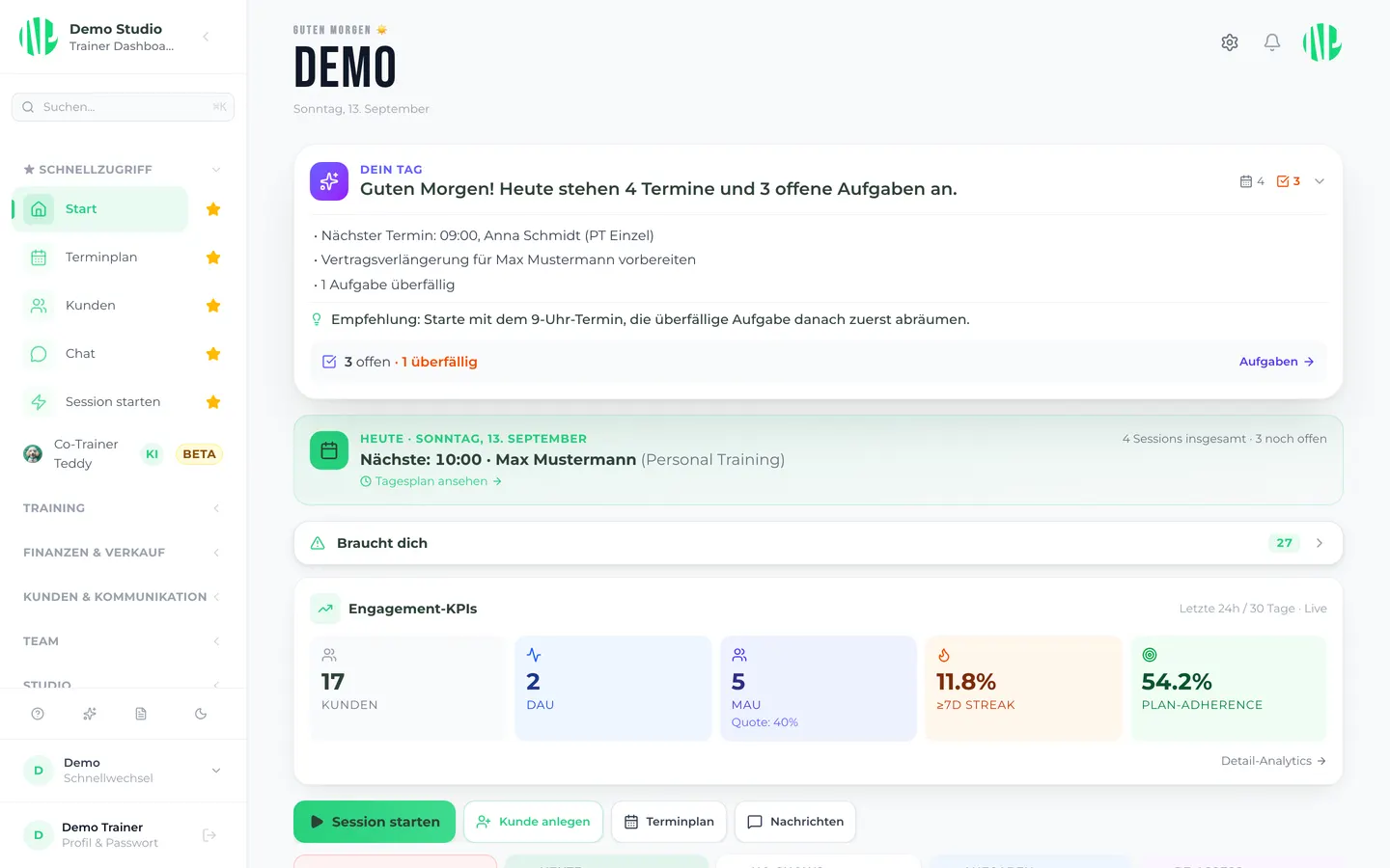 New Prime Trainer-Dashboard mit Quick-Actions, Kunden-Status und Session-Cockpit