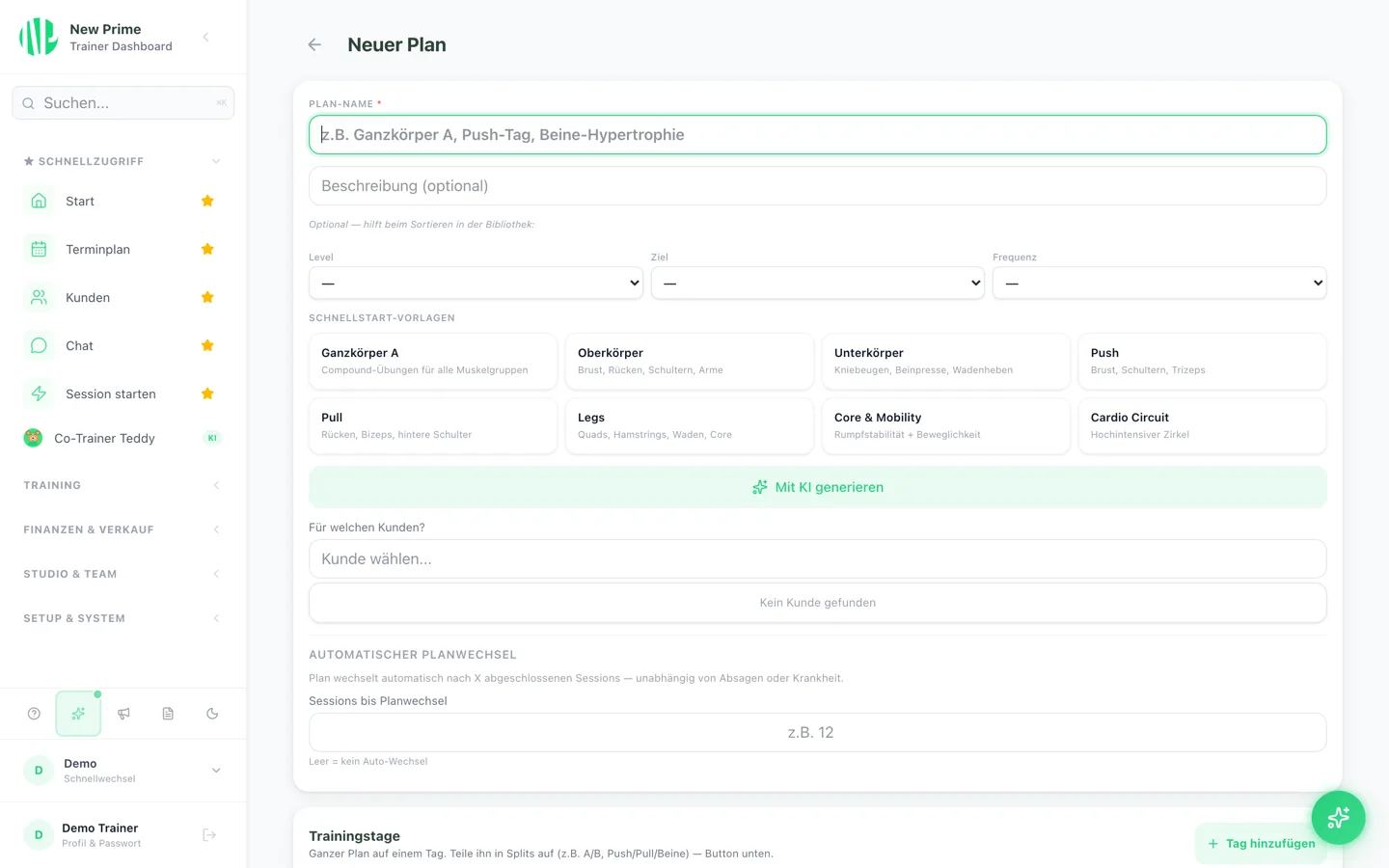 Plan-Builder mit Schnellstart-Vorlagen (Push, Pull, Legs, Core), KI-Generator und Auto-Planwechsel-Konfiguration